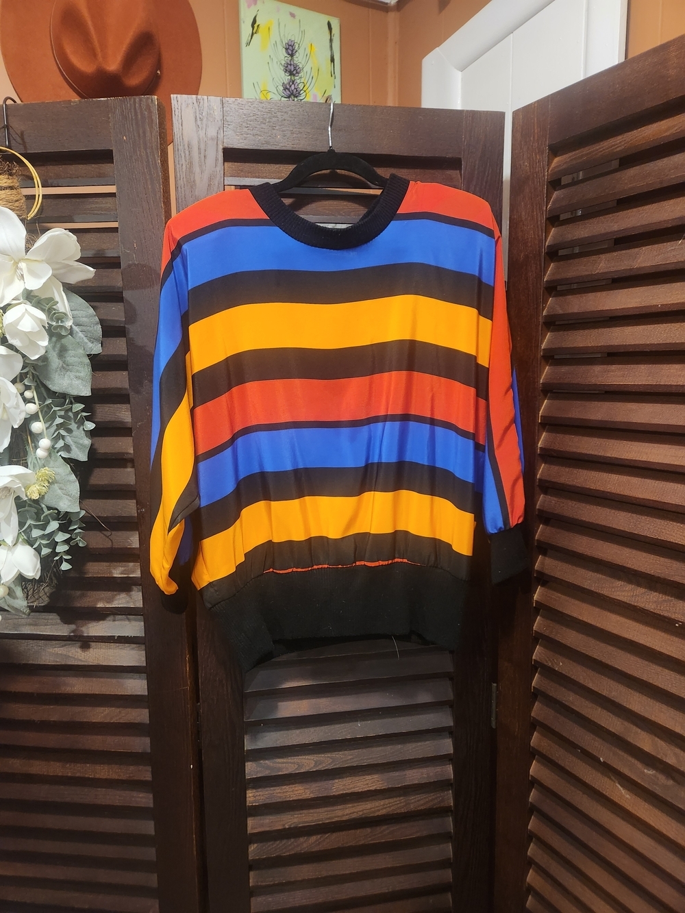 Vintage Multicolor Striped Drop-Shoulder Blouse - Blue, Red, Yellow, Black